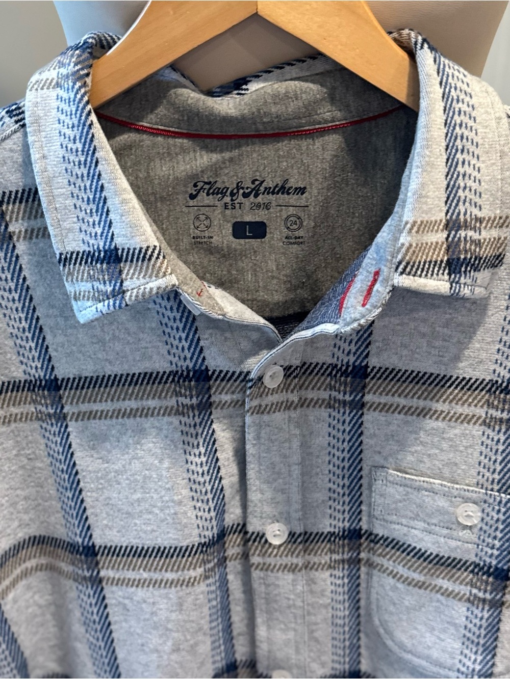 Flag & Anthem Gray Blue Plaid Stretch Flannel Shirt | Size Large NWT - Picture 3 of 9